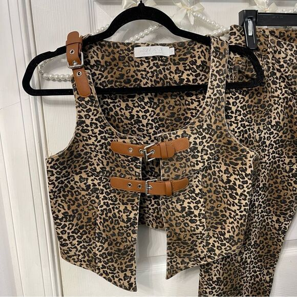 Leopard Print Matching Vest + Boot Cut Pants Set Western - Picture 2 of 16